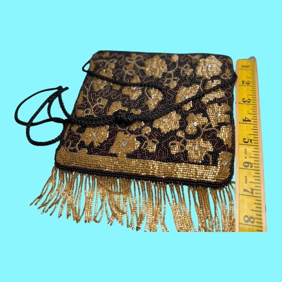 Beaded Evening Black Bag Gold Flowers & Fringe Rhinestones By Accessories Lady - Picture 8 of 8